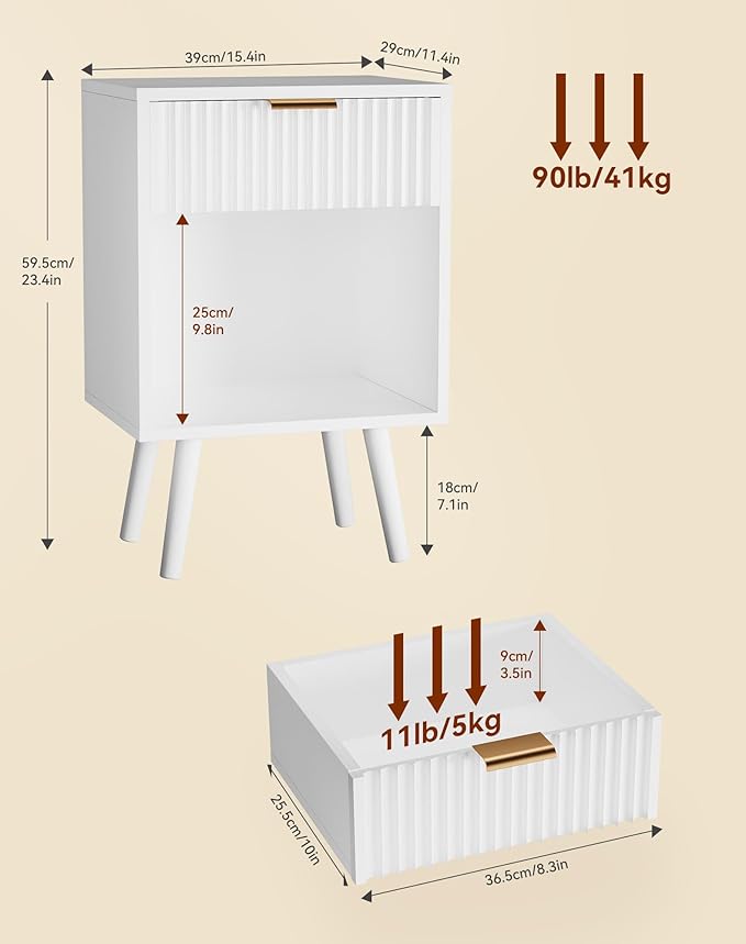 YMYNY Mid Century Modern Nightstand, Side Table, Fluted Night Stand with Drawer, Open Shelf Unit, Golden Handle, Solid Wood Legs, Bedside Table, for Bedroom, White UHST013W