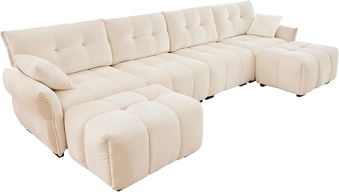 Modern Chenille Fabric 4-Seat Sofa w/Two Ottoman+2 Pillows, Premium Upholstery Living Room Couch with Tufted Backrest & Comfortable Armrests and High-Resilience Memory Foam Cushions,White