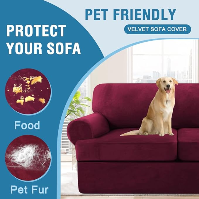 H.VERSAILTEX Sofa Cover 3 Piece T Cushion Sofa Slipcovers Thick Velvet Couch Cover Furniture Protector Stretch T Cushion Sofa Covers for 2 Cushion Couch with 2 Individual T Cushion Covers, Burgundy
