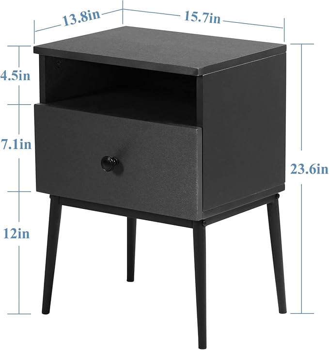 VECELO 2-Tier Nightstands Bedside Table with Storage Drawer and Open Wood Shelf, End Table for Living Room, Bedroom and Small Spaces, Night Stand with Metal Legs, Easy Assembly