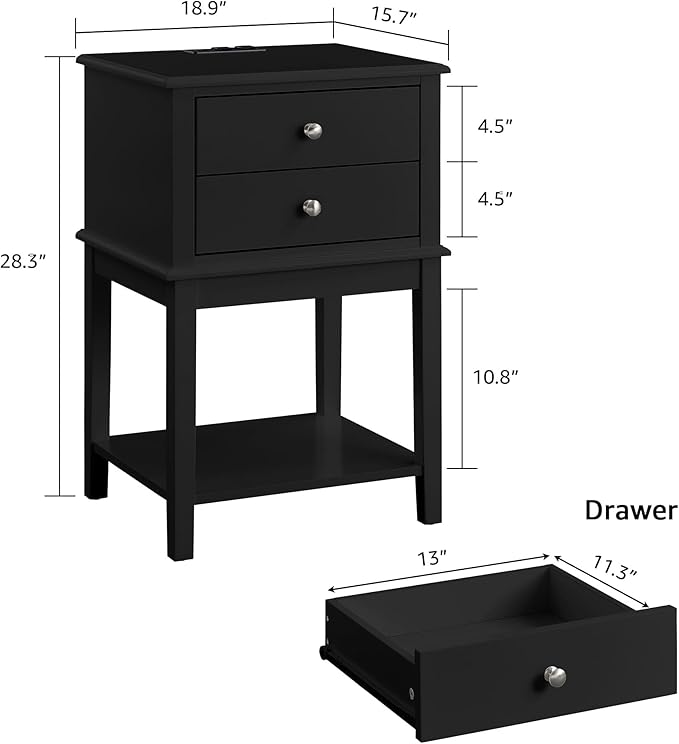conifferism Black Nightstand, 28" Tall Bedroom Night Stand with Charging Station, Large Sofa Side Table 2 Drawers, Modern Bedside End Table with USB Ports Living Room