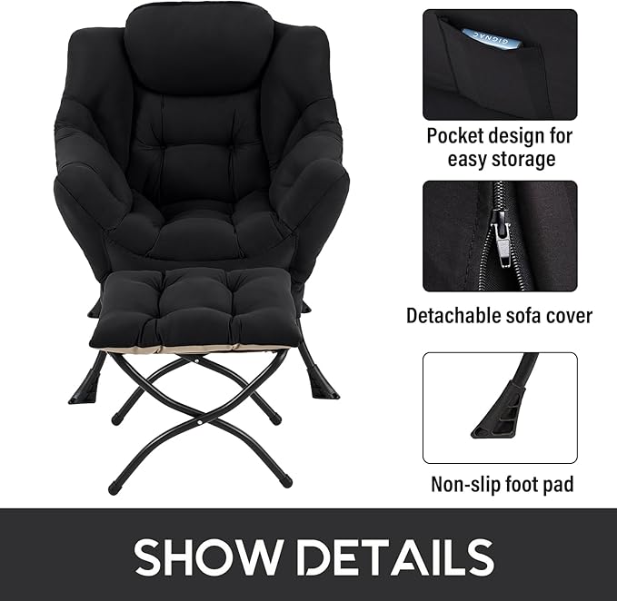 LITA Lazy Chair With Ottoman, Modern Accent Leisure Upholstered Sofa, Contemporary Lounge Reading With Armrests and Side Pocket for Living Room, Bedroom & Small Space, Black