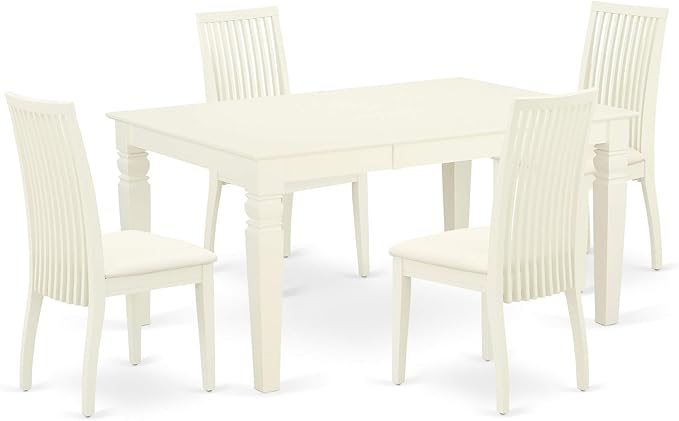 East West Furniture WEIP5-WHI-C 5 Piece Dining Room Table Set Includes a Rectangle Kitchen Table with Butterfly Leaf and 4 Linen Fabric Upholstered Dining Chairs, 42x60 Inch, Linen White