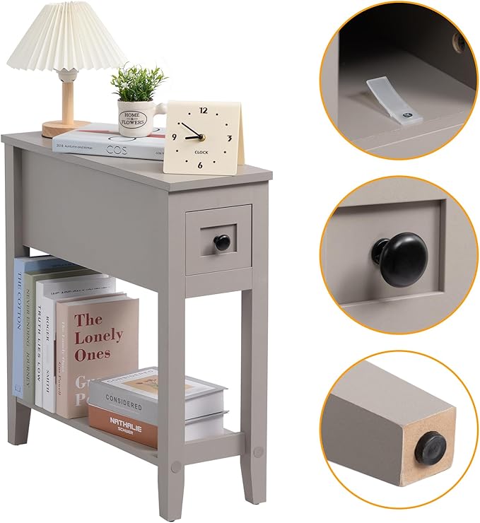 Gery Chairside Narrow End Table, Solid Recliner Side Table with Drawer, Slim Nightstand Bedside Table for Living Room Bedroom