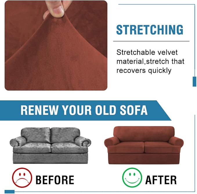 H.VERSAILTEX Sofa Cover 3 Piece T Cushion Loveseat Slipcovers Thick Velvet Couch Cover Stretch T Cushion Sofa Covers for 2 Cushion Couch with 2 Individual T Cushion Covers Washable, Rust
