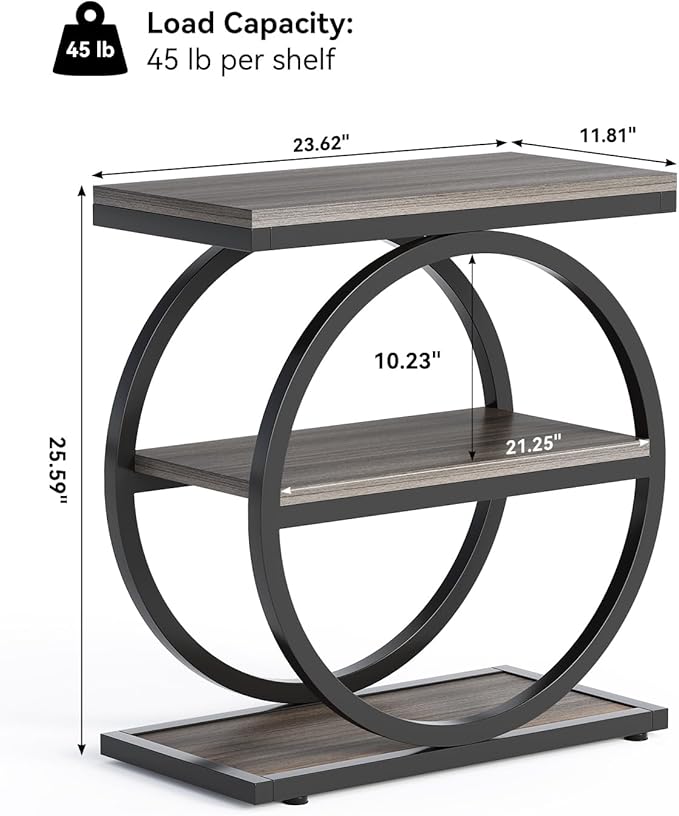 LITTLE TREE End Table Set 2, Side Table with 3 Tiers Shelves, Slim Sofa Side Table for Living Room, Tall Bedside Table Nightstand for Bedroom, Grey and Black