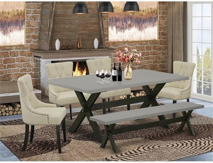 East West Furniture X697FR102-6 6 Piece Dining Table Set Contains a Rectangle Kitchen Table with X-Legs and 4 Light Beige Linen Fabric Parson Chairs with a Bench, 40x72 Inch, Multi-Color