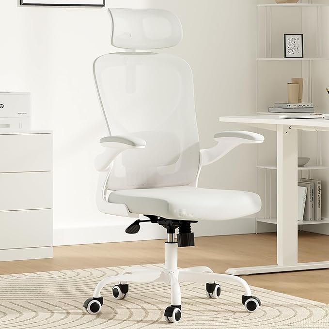Ergonomic Office Chair, Comfy Home Office Chair High Back Computer Chair with Headrest, Adjustable Back Support, Flip-Up Arms, 90-120° Tilt and Wide Cushion, Up to 300lbs,White