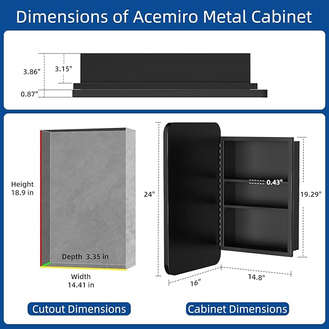 16x24 Inch Black Mirror Medicine Cabinet Metal Framed Recessed Wall Mounted Bathroom Medicine Cabinet with Mirror and Storage