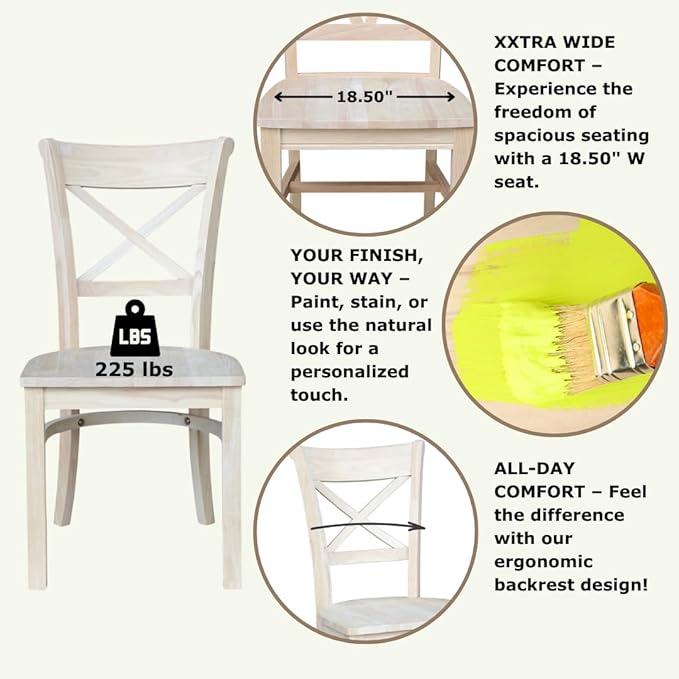 IC International Concepts Set of 2 35.8" H Charlotte X-Back Dining Solid Parawood, Stylish and Comfortable Chairs, 18.5''W Seat, Paint or Stain in Any Color to Match Your Decor, Unfinished