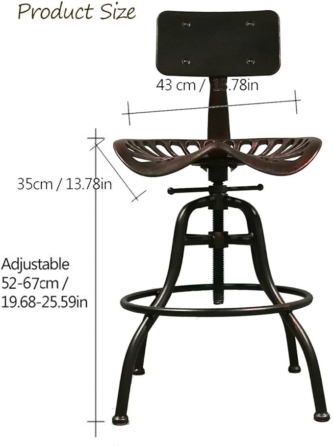 Diwhy Industrial Design Metal Adjustable Height Backrest Chair Vintage Tractor Saddle Bar Stool (Silver)
