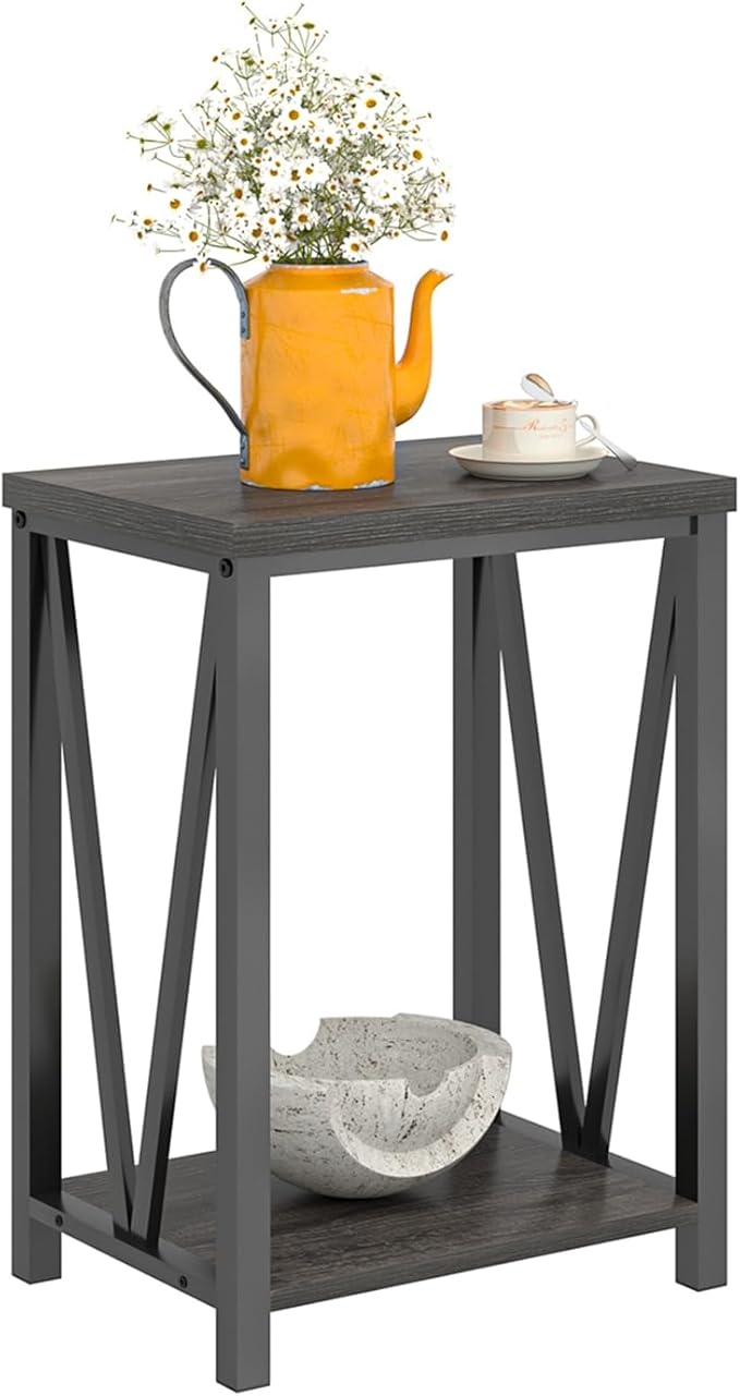 FOLUBAN Small Side Table, Rustic Wood and Metal End Table with Storage, Vintage Night Stand for Living Room Bedroom Office, Dark Gray