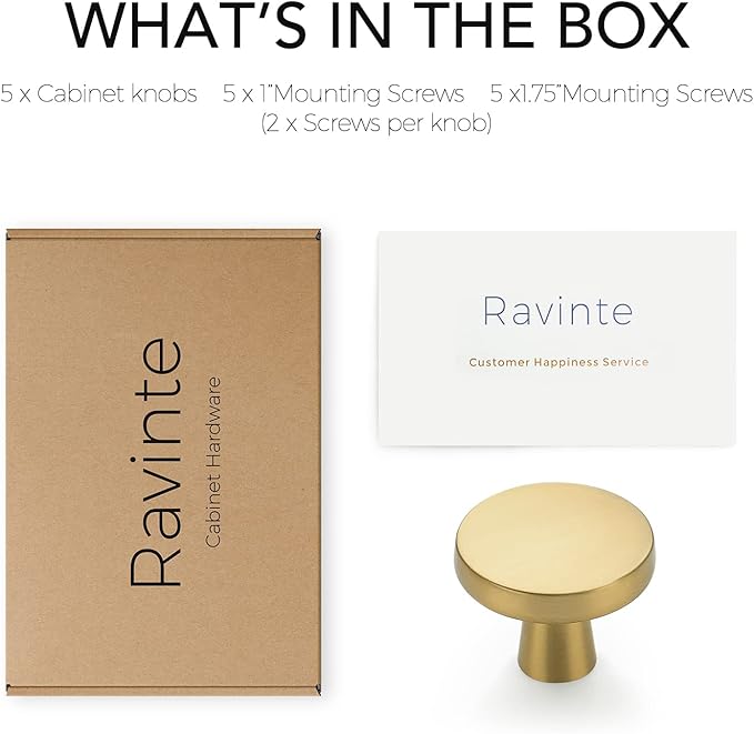 Ravinte 5 Pack Drawer Pulls 1-1/4 Inch Brushed Brass Kitchen Cabinet Knobs Solid Round Gold Dresser Handles for Simple Cupboard Hardware