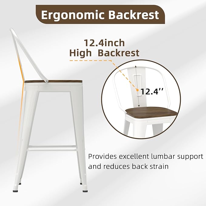 30” Swivel Bar Stools Set of 4, Counter Height Bar Stools Wooden Seat, Metal Industrial Bar Chairs with High Back for Kitchen Island (White)