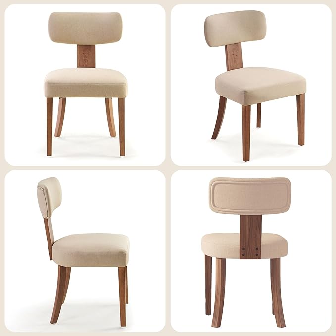 Mid Century Modern Dining Chairs Set of 2, Linen Upholstered Kitchen Chairs with Curved Backrest & Adjustable Legs for Living Room/Bedroom/Lounge, Easy to Install, Beige Linen