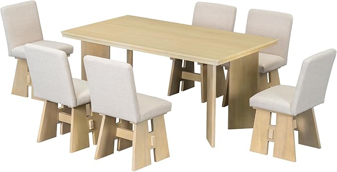 Ball & Cast Modern 7-Piece Dining Table Set with 6 Upholstered Chairs,Wood Tables Sets w/Space-Saving Design,Kitchen Furniture Suitable Big Family Gatherings,Natural