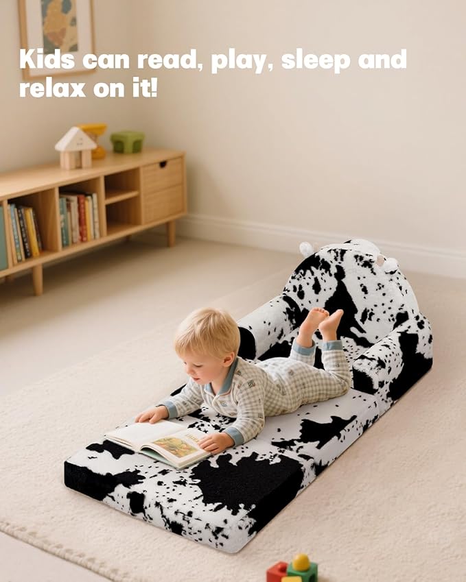 2-in-1 Toddler Chair and Couch – Soft Faux Rabbit Fur, Cow Pattern Design, Fold Out Seat for Reading & Nap, Ages 1–3