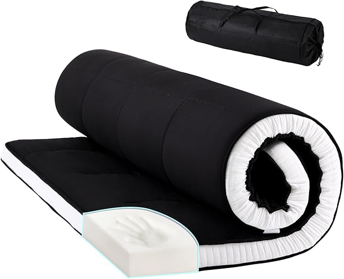 Tiita Queen Memory Foam Mattress Topper, 4" Thicken Futon Floor Mattress with Storage Bag and 2 Straps, Portable Roll Up Travel Car Camping Mattress Sleeping Pad, Black