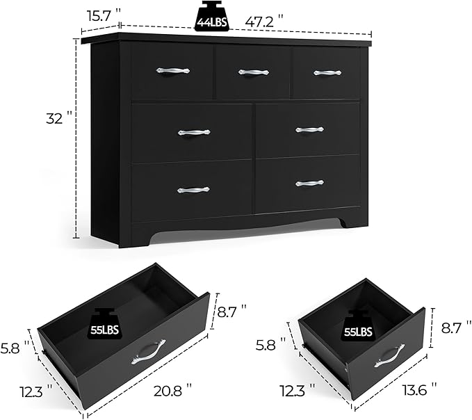 LINSY HOME 7 Drawers Dresser for Bedroom, 47" Wide Rustic Wood Dressers & Chests of Drawers, Modern Storage Dresser with Antique Handles for Closet, Living Room, Hallway, Black