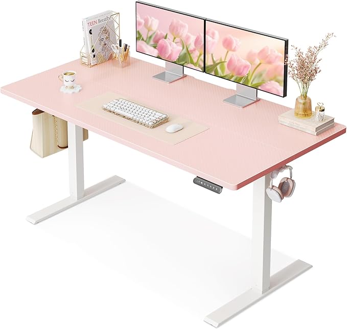 OffiGo Electric Height Adjustable Standing Desk, 48 Inch Pink Computer Desk for Women Girls, Sit Stand Table for Home, Office, Bedroom