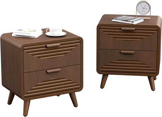 COSIEST Mid-Century Nightstand, Vintage Accent Furniture w 2 Storage Drawers, Modern End Table w Striped Pattern, Wood Small Accent Table for Bedroom, Living Room(Brown,2 Pieces)