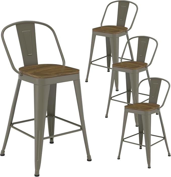 Metal Bar Stools Set of 4, High Back Bar Stools with Wooden Seat, 30 inch Rusty Barstools for Kitchen Island