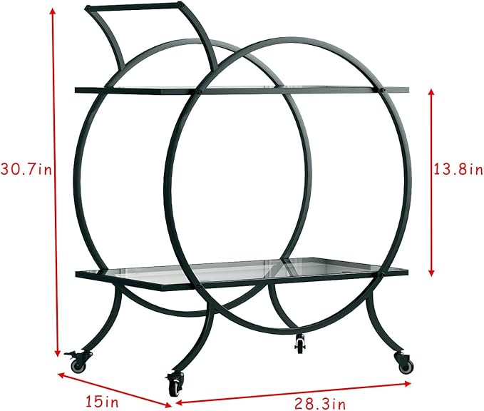Industrial Bar Carts for The Home Bar Serving Cart, Rolling Bar Cart Black with Lockable Caster Wheels, Glass Bar Carts with 2 Mirrored Shelves, Storage Wine Carts for Kitchen, Party