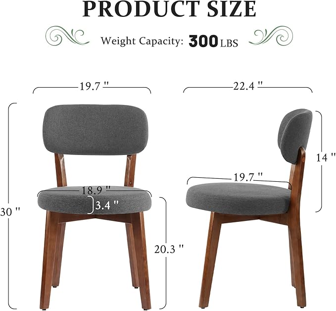 Furniliving Wooden Dining Chairs Set of 6, Mid-Century Modern Linen Upholstered Kitchen Chair with Solid Oak Wood, Farmhouse Dining Room Chairs, Grey