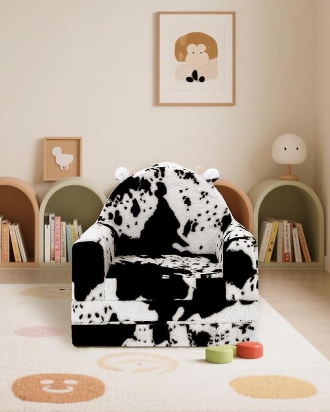 2-in-1 Toddler Chair and Couch – Soft Faux Rabbit Fur, Cow Pattern Design, Fold Out Seat for Reading & Nap, Ages 1–3
