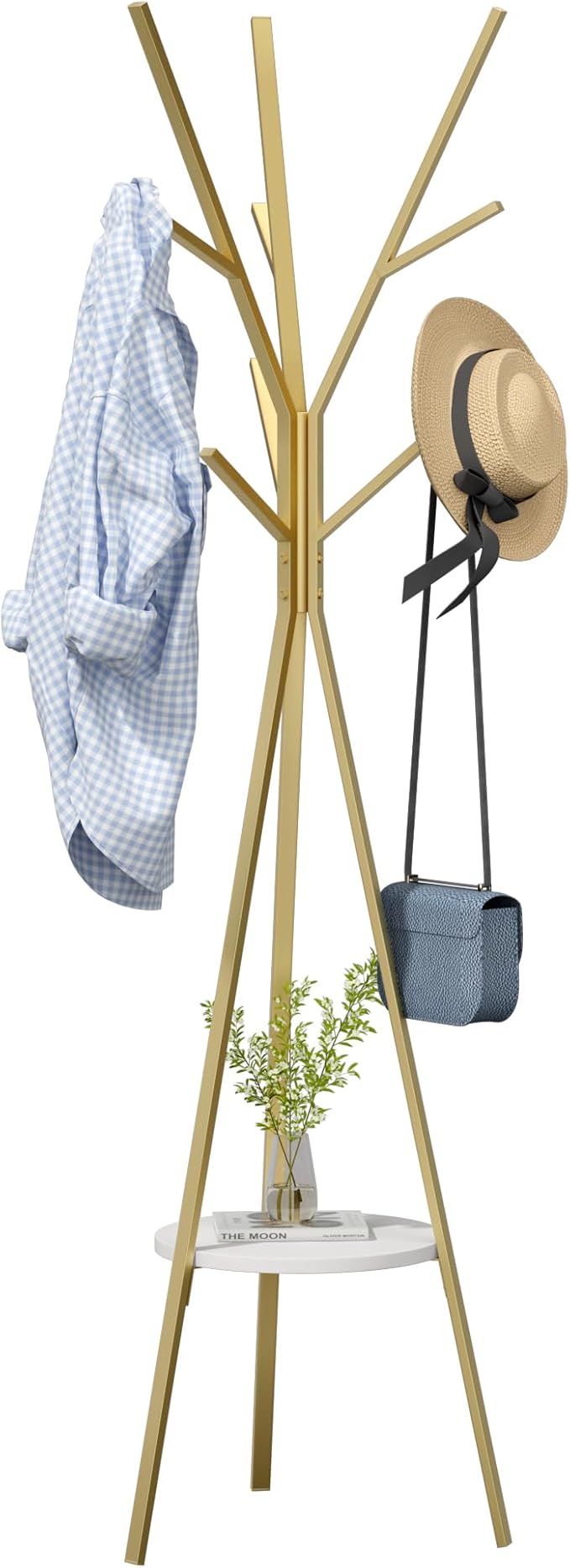 Coat Rack Hat Stand Free Standing Display Hall Tree Metal Hat Hanger Garment Storage Holder with 9 Hooks for Clothes Hats and Scarves in Gold,17.72"Wx17.72"Dx70.87"