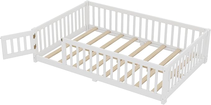 Bellemave Full Floor Bed with Slats and Safety Guardrails, Kids Montessori Floor Beds with Fence and Door, Easy Assemble Floor Bed for Kids, Girls, Boys, White