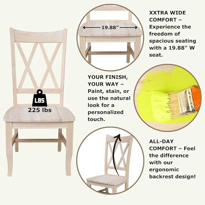IC International Concepts, Set of 2 Double X-Back Dining Chairs, Armless, Real Wood, Kitchen/Dining/Accent, 19.9"W x 22"D x 41.3"H, 225 Lbs Wt. Capacity, DIY, Paint/Stain In Any Color, Unfinished