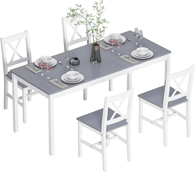 SogesPower Dining Table Set for 4, 5-Piece Wood Kitchen Dining Table Set with 4 Chairs for Kitchen Dining Room Restaurant Small Space, 47" Grey&White
