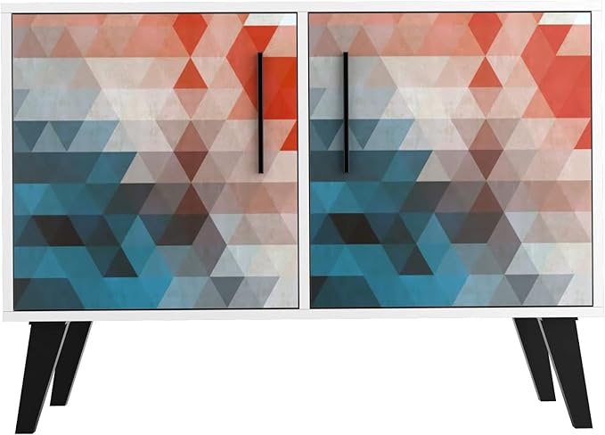 Manhattan Comfort Amsterdam Double Door Side Table with 3 Shelves, 35.43" Wide Storage Cabinet or TV Stand, Mid Century Modern Accent Furniture, Red/Blue