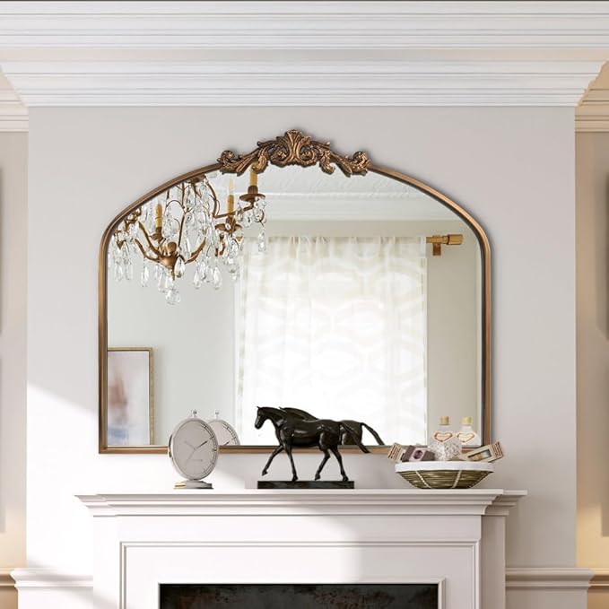 Gold Wall Mirror, Large Arched Vintage Baroque Ornate Mirrors, Traditional Decorative Antique Brass Mirror for Entryway Table, Living Room, Bedroom, Bathroom Vanity, Fireplace (30” x 36”)