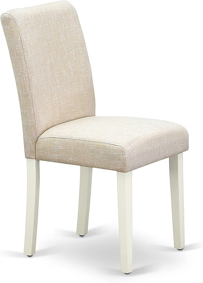 East West Furniture DMAB3-LWH-02 3 Piece Dining Table Set Contains a Round Dining Room Table with Dropleaf and 2 Light Beige Linen Fabric Upholstered Chairs, 42x42 Inch, Linen White
