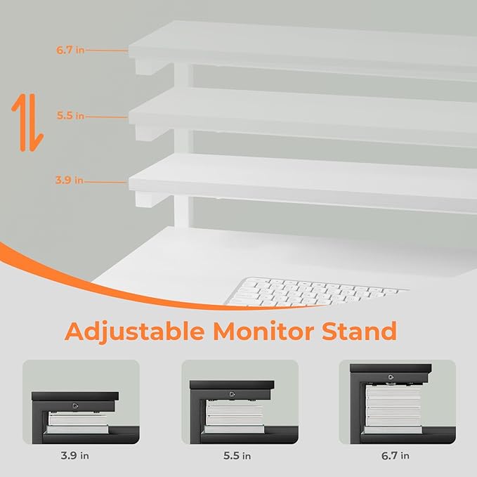 Computer Desk with Adjustable Monitor Stand, 47.2 in Small Desk with Reversible Storage Shelves, Office Desk with Spacious Desktop Spaces for Home Bedroom Workstation, White