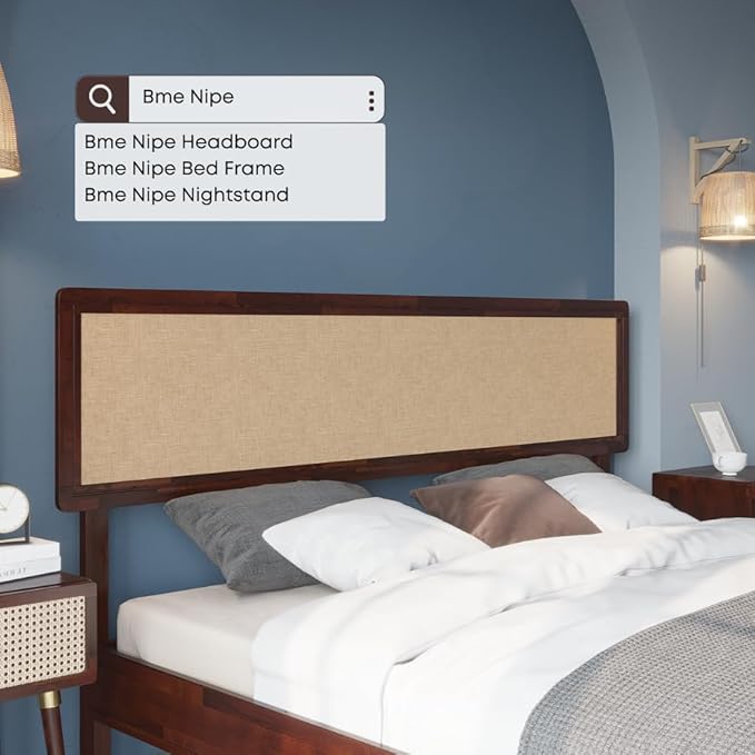 Bme Nipe Full 14 Inch Bohemian Bed Frame with Adjustable Wicker Headboard - Rustic & Vintage Unique Style with Acacia Wood - No Box Spring Needed - Easy Assembly - Walnut
