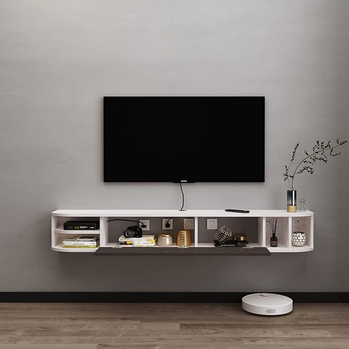 Pmnianhua Modern Wall Mounted TV Console with Storage - 70'' Under TV Shelf, Floating Entertainment Center for Bedroom & Living Room (Gray-White)