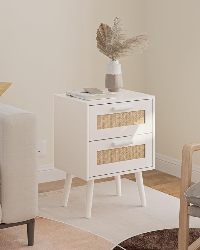 Masupu Rattan Night Stand, Modern nightstand Boho Bedside Table with 2 Drawer, Small End Side Table for Bedroom,Living Room,Office,White