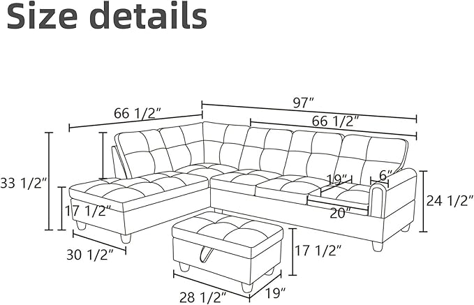 L Shaped Sectional Couches for Living Room, Modern Modular Sectional Sofa with Ottoman Storage, Comfy L Shaped Couch with Chaise for Bedroom Apartment Furniture, Coffee