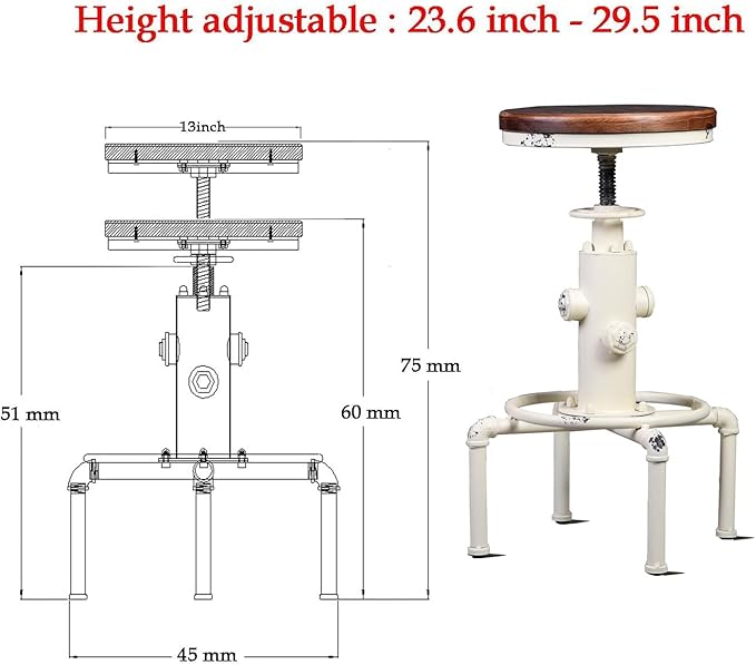 Topower Aged Antique Vintage Industrial Barstool Solid Wood Water Pipe Fire Hydrant Design Cafe Coffee Industrial Bar Stool Set of 2 Antique White