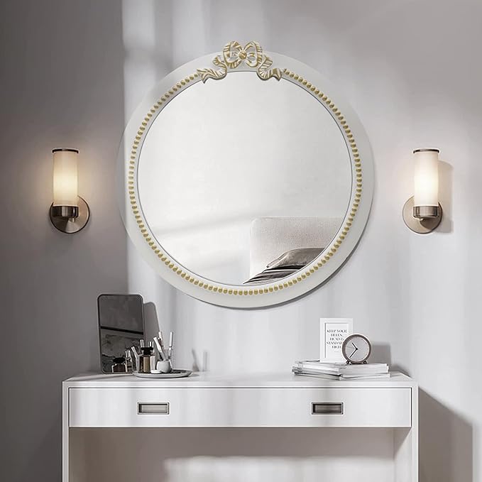Vintage Round Wall Mirror 28inch Farmhouse Wooden Vanity Mirror for Wall Decor, Decorative Antique White Bathroom Mirrors, Traditional Art Home Decor for Dressing Table, Living Room or Bedroom