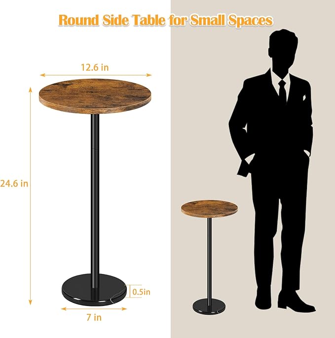 Round Side Table Set of 2 Small Drink Pedestal Accent End Coffee Cocktail Table with Marble Base for Small Spaces Living Room Sofa Outdoor Brown and Black