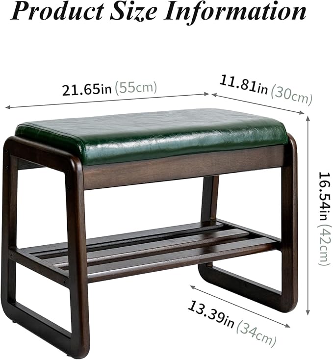 Shoe Bench, Entryway Bench with Leather Cushion, Solid Wood Shoe Rack, Mid Century Modern Bench, Shoe Storage, Shoe Organizer for Entryway (Grey, 21.7" W)