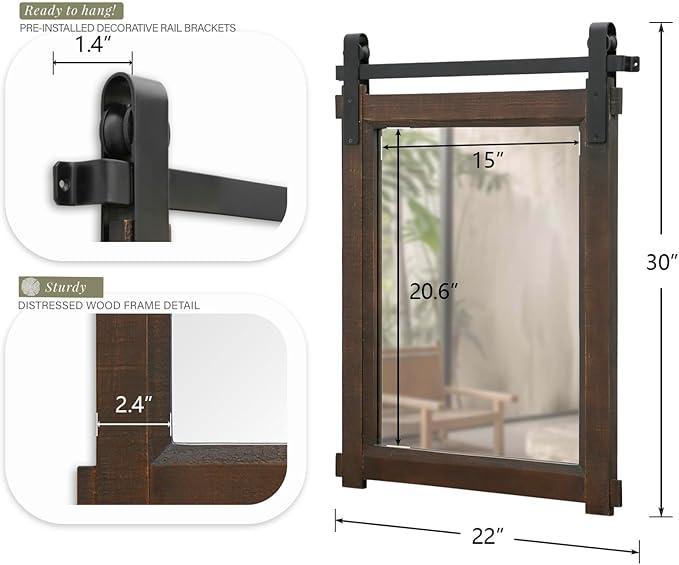 Farmhouse Barn Door Mirror: 22"x30" Black Rustic Wood Frame Mirror for Wall - Home Decor for Entryway/Bathroom/Living Room