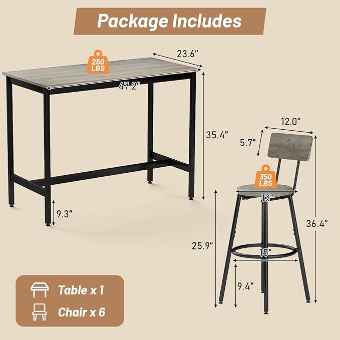 Dining Table Set for 6, 7-Piece Bar Table Set, Kitchen Table and Chairs, Counter Height High Top Table with 6 PU Upholstered Stools, Space-Saving Pub Tables Set for Small Space, Grey