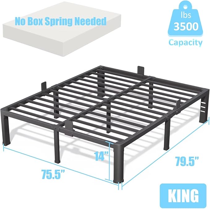 FUIOBYVV 14 Inch King Bed Frame with Rounded Corner and Headboard Hole Mattress Retainers 3500 LBS Metal Heavy Duty Steel Slats Support No Box Spring Needed Platform Noise Free Easy Assembly