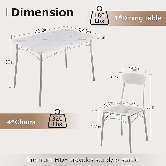 VECELO 5-Piece Dining Table Set for 4, Kitchen Rectangular Dinette with Wooden Chairs for Small Space, Apartment, Breakfast Nook, White