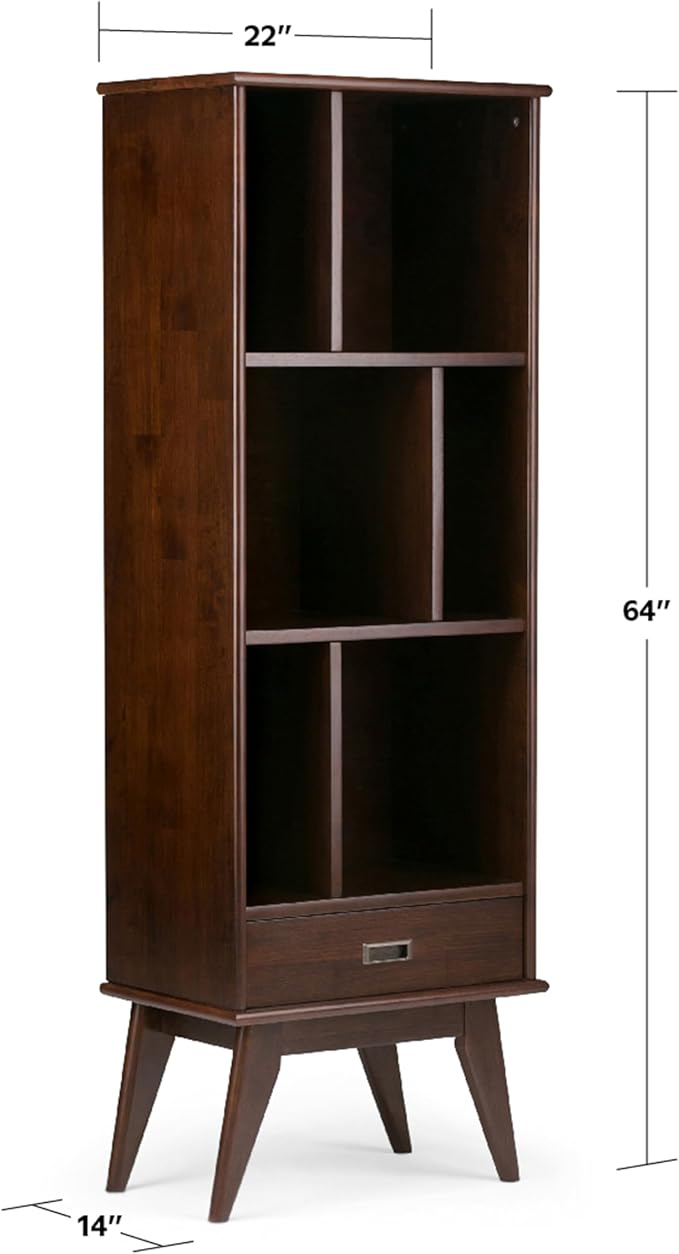 SIMPLIHOME Draper Bookcase - 64 inch Tall Solid Hardwood Storage Bookshelf in Medium Auburn Brown, Mid-Century Modern Storage for Living Room, Study or Office with Adjustable Shelves and Angled Legs